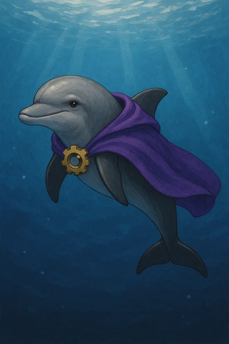 DelfinFlow mascot — a dolphin with a tech-engineered cape